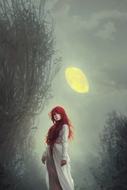 Prompt: long hair, red eyes, portrait, girl, cloud and moon night background, night, high detail, concept art, digital art, illustration, smooth, sharp focus, greg rutkowski, alphonse mucha, trending on artstation, trending on deviantart,