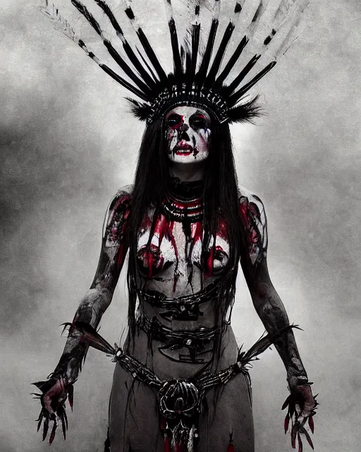 Image similar to lady native sisters ghost - spirit of the grim - warpaint wears the scarlet skull armor and native blood headdress feathers, midnight fog - mist!, dark oil painting colors, realism, cinematic lighting, various refining methods, micro macro autofocus, ultra definition, award winning photo, photograph by ghostwave - gammell - giger - shadowlord