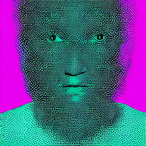 Image similar to magazine photo of a psychedelic portrait printed on paper, halftone texture