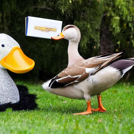 Image similar to A duck excitedly clicks its heels together when a UPS deliveryman walks toward him with a package