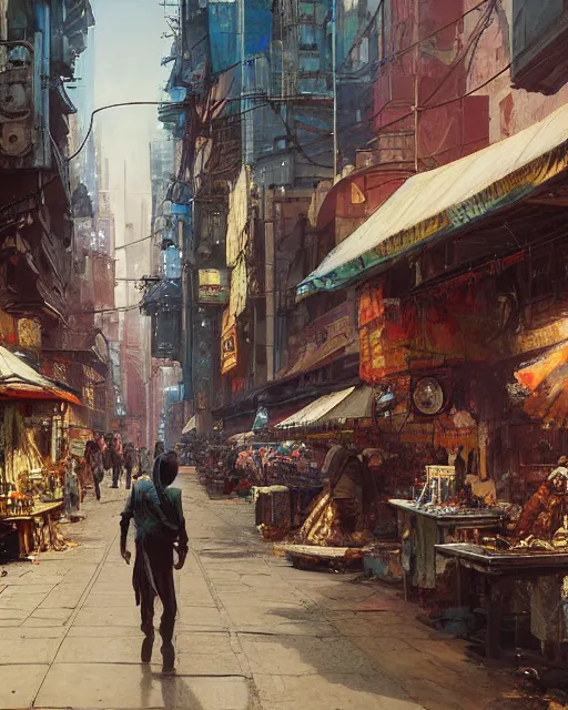 Prompt: a highly detailed epic cinematic concept art CG render digital painting artwork: cyberpunk street market. By Greg Rutkowski, in the style of Francis Bacon and Syd Mead and Norman Rockwell and Beksinski, open ceiling, highly detailed, painted by Francis Bacon and Edward Hopper, painted by James Gilleard, surrealism, airbrush, Ilya Kuvshinov, WLOP, Stanley Artgerm, very coherent, triadic color scheme, art by Takato Yamamoto and James Jean