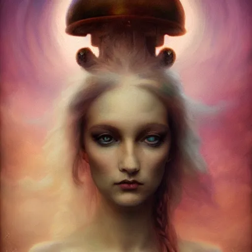 Prompt: By Tom Bagshaw, photorealistic soft paint portrait of a beautiful female face in full long dress curiosities carnival with mushrooms, symmetry accurate features, very intricate details, focus, ominous sky, rainbow lighting, volumetric clouds, god rays