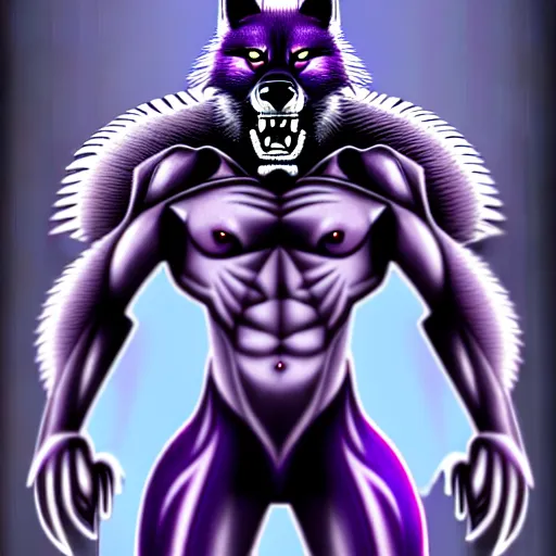 Prompt: anthropomorphic muscular purple wolf, generic furry style, wearing jeans, deviant art, professional furry drawing, insanely detailed, artistic design, hyper detailed wolf - like face, doing a pose from jojo's bizarre adventure, detailed veiny muscles, exaggerated features, beautiful shading, dramatic lighting, huge spikey teeth, grinning