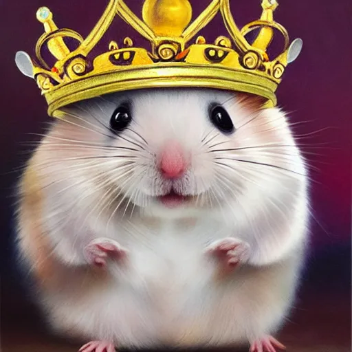 Image similar to a high detailed oil painting of a hamster wearing a crown and royal clothes. 4 k.