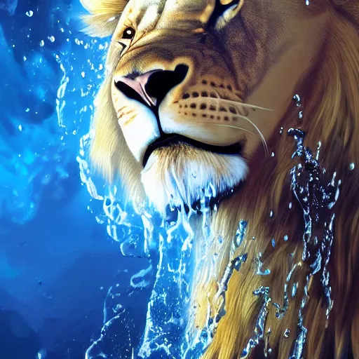 Image similar to a male lion's face breaching through a wall of water, headshot, water sprites, splashing, deep blue ocean, highly detailed, realistic digital art, trending on artstation