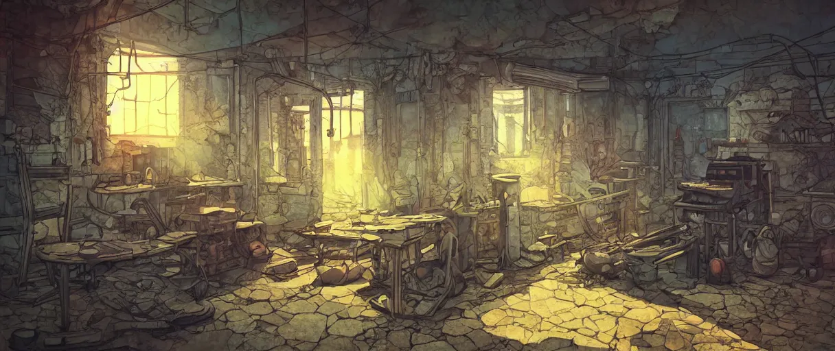 Image similar to abandoned laboroatory from early xx century faded out colors place mosquet painting digital illustration hdr stylized digital illustration video game icon global illumination ray tracing advanced technology that looks like it is from borderlands and by feng zhu and loish and laurie greasley, victo ngai, andreas rocha, john harris