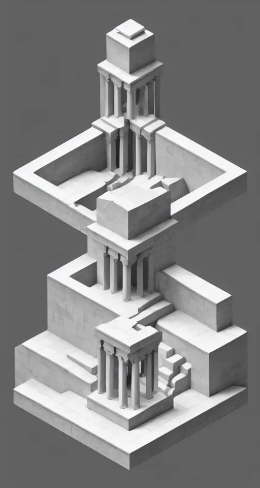 Image similar to geometric design isometric greek temple with godly clouds behind the top, trending on artstation, 3D render, monument valley