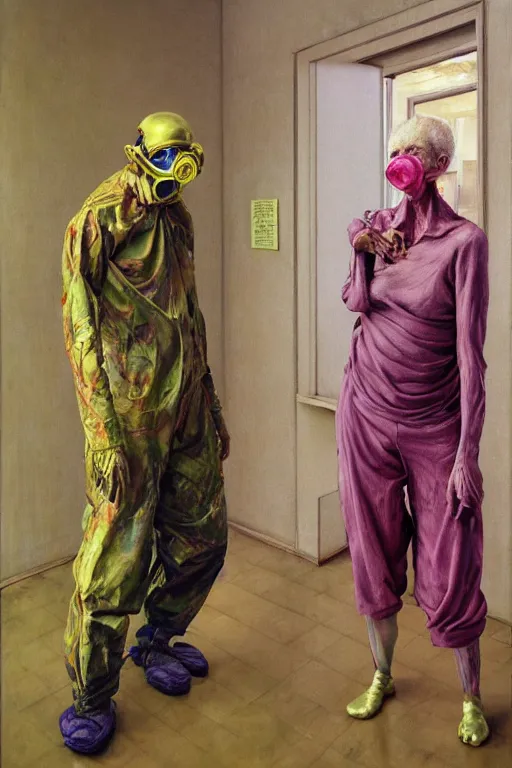 Prompt: two skinny old people with extra limbs, wearing gas masks standing inside a deserted hospital room, draped in gold, pink and green, Ayami Kojima, Karol Bak, hauntingly surreal, highly detailed painting by Francis Bacon, part by Edward Hopper, Adrian Ghenie, Gerhard Richter, and James jean Soft light 4K,