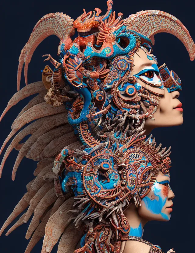 Image similar to 3 d goddess close - up profile portrait aztec with ram skull. beautiful intricately detailed japanese crow kitsune mask and clasical japanese kimono. betta fish, jellyfish phoenix, bio luminescent, plasma, ice, water, wind, creature, artwork by tooth wu and wlop and beeple and greg rutkowski