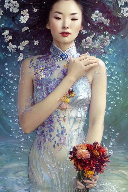 Image similar to portrait of a beautiful woman wearing a cheongsam dress, holding a bouquet of flowing flowers, drenched body, silver hair, emerging from the water, dark fantasy, regal, fractal crystal, fractal gems, by ross tran, stanley artgerm lau, thomas kindkade, alphonse mucha, loish, norman rockwell