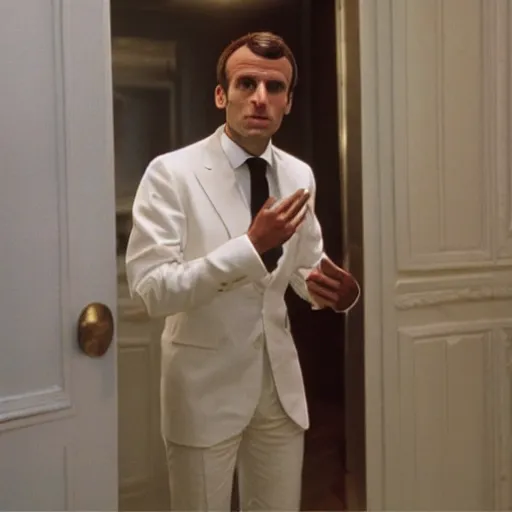 Image similar to Emmanuel Macron wearing carnival clothes in American Psycho (1999)