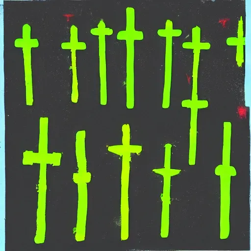 Prompt: fluo green cave painting of crosses and ufos