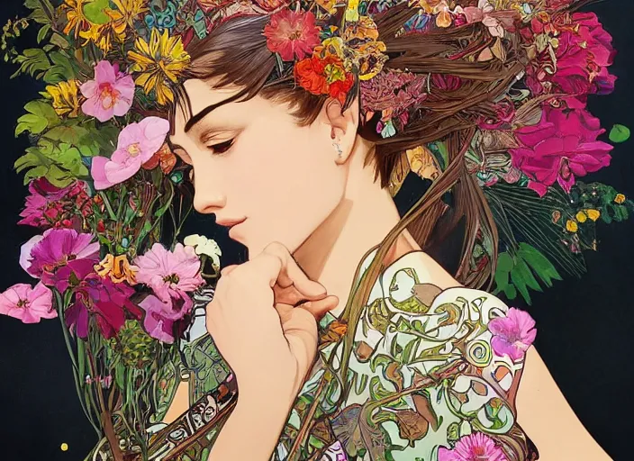 Image similar to !!! very coherent!!! oil painting, beautiful floralpunk iban bio mechanical portrait girl female illustration detailed patterns art of sarawak traditional dress, flower pop art, floral splash painting, art by ashley wood, alphonse mucha, makoto shinkai, geof darrow, dark shadow