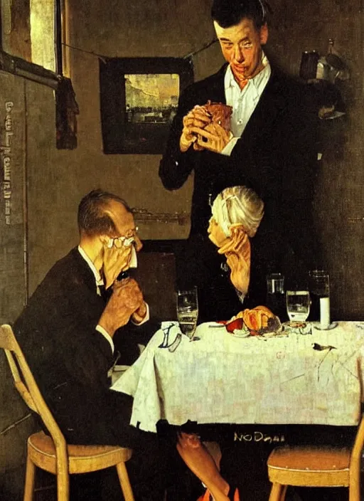 Image similar to A sad married couple having lonely dinner on a Saturday night painted by Marius Van Dokum, Norman Rockwell