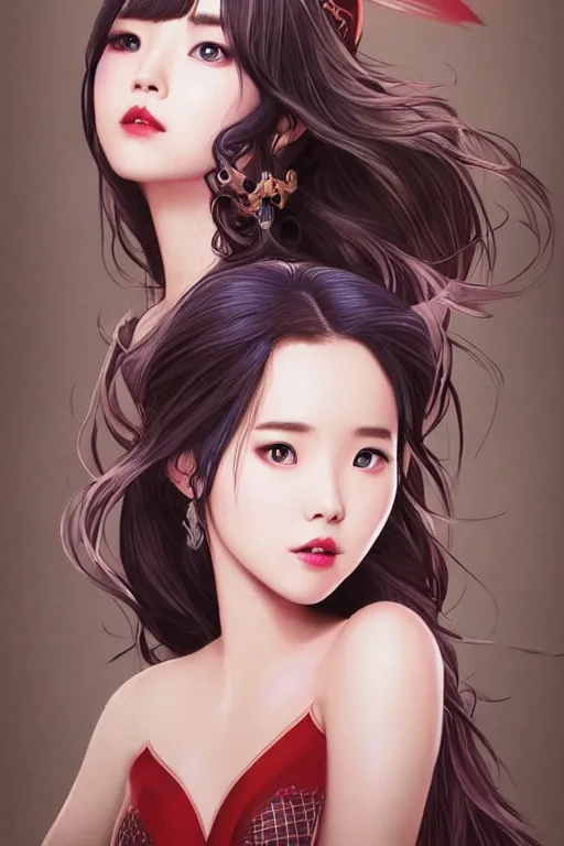 Image similar to Protrait of a Beautiful IU from Hotel del Luna as supergirl, unreal engine, detailed face, rule of thirds, captivating and enticing, , by James Jean