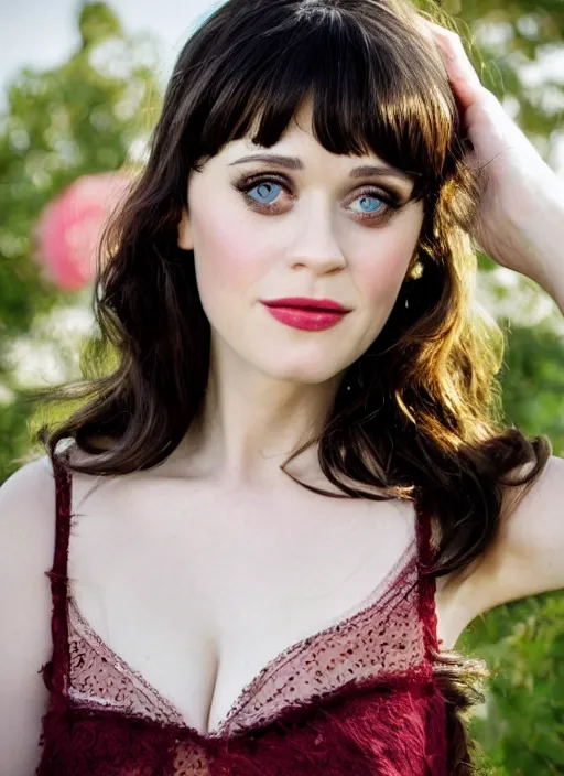 Image similar to Zooey Deschanel for Victorian Secret, perfect face, hot summertime, full length shot, XF IQ4, 150MP, 50mm, f/1.4, ISO 200, 1/160s, natural light, Adobe Photoshop, Adobe Lightroom, DxO Photolab, Corel PaintShop Pro, rule of thirds, symmetrical balance, depth layering, polarizing filter, Sense of Depth, AI enhanced