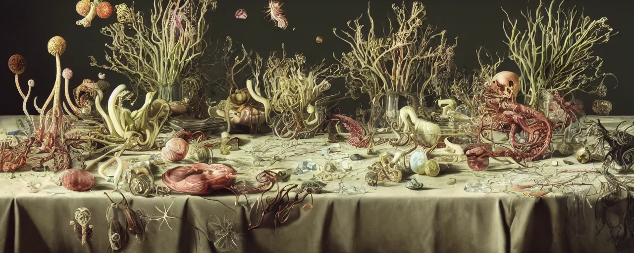 Image similar to ultradetailed reailistic still life with jelly flowers by ernst haeckel, caravaggio, roger dean and andrei tarkovsky, slime and tentacles, tiny people walking on tablecloth, wide angle, cinematic, octane render, bokeh, unreal engine, 4k 3d render