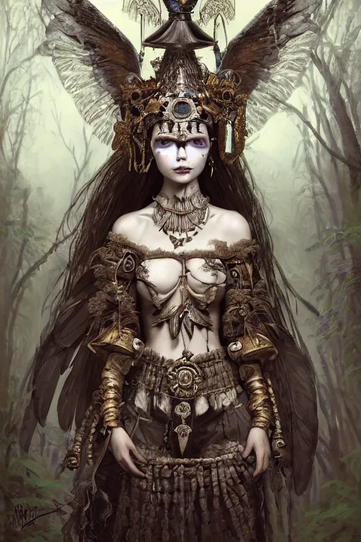 Image similar to A masterpiece ultrarealistic portrait of a Irristible angel princess tribal-shaman-knight-witch-ghost with Skull Iron mask. baroque renaissance girl in the night forest. medium shot, intricate, elegant, highly detailed. trending on artstation, digital art, by Stanley Artgerm Lau, WLOP, Rossdraws, James Jean, Andrei Riabovitchev, Marc Simonetti, Yoshitaka Amano. background by James Jean and Gustav Klimt, light by Julie Bell, 4k, porcelain skin.