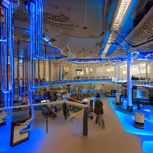 Image similar to off - world science station interior blue light, abundant cables hanging from walls and on floors, high detail