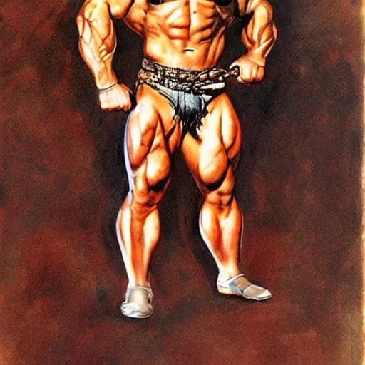 Image similar to full body portrait of barbarian arnold schwarzenegger by frank frazetta