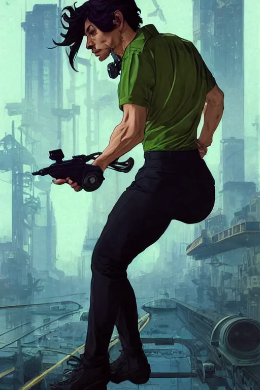 Prompt: gta luigi from mario as aeon flux profile picture by greg rutkowski, dynamic pose, flat matte painting, intricate, futuristic, fantasy, elegant, by stanley artgerm lau, greg rutkowski, thomas kindkade, alphonse mucha, loish, norman rockwell, fantasy lut, asymmetric, long hair, retro computer graphics, video game, fluid lines,