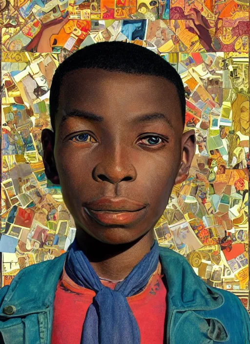 Prompt: colourful upper half portrait of an african boy with proportions in the style of jack davis - presented in magazine collage style, art by hsiao - ron cheng & alphonse mucha, magazine collage, highly detailed, caricature, digital painting, concept art, ray tracing, illustration, smooth, sharp focus, intricate, symmetry, pinterest, behance, artstation