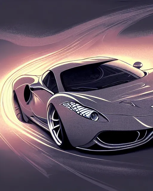 Prompt: Art nouveau Ferarri car, fantasy, intricate motion blur designs, elegant, highly detailed, sharp focus, art by Artgerm and Greg Rutkowski and WLOP