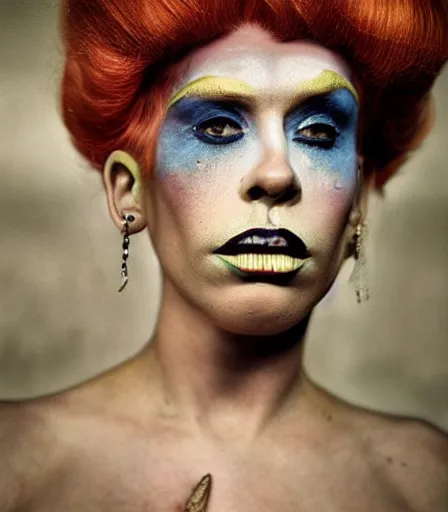 Image similar to a high quality, high detail, portrait of a drag queen by kyle thompson, intense look in the eyes, moody, nostalgic