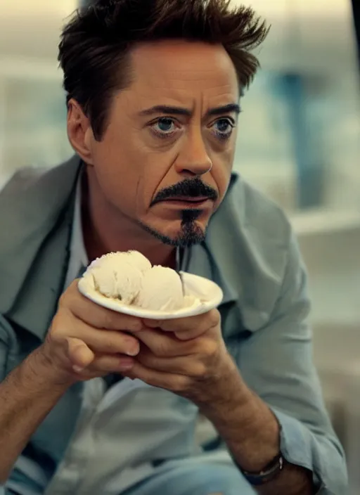 Image similar to a full portrait photo of robert downey jr eating ice cream in movie iron man, f / 2 2, 3 5 mm, 2 7 0 0 k, lighting, perfect faces, award winning photography.