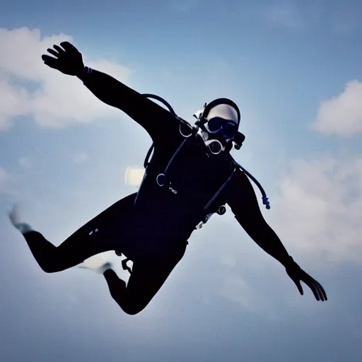 Image similar to a single scubadiver flying in the sky