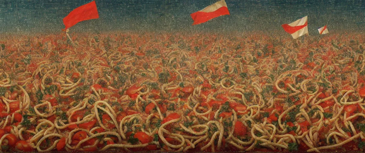 Prompt: ' people swimming in a sea of spaghetti with tomato sauce, italy flags, detailed 4 k illustration, oil painting by pellizza da volpedo'