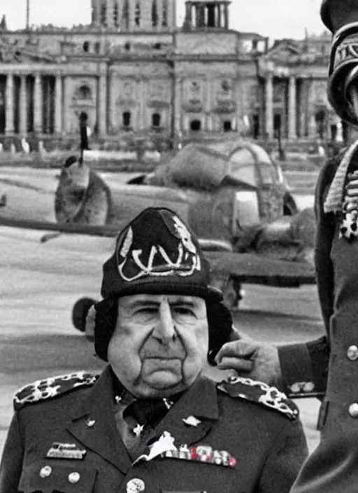 Image similar to pinochet as a cyborg wearing military clothes with la moneda palace in the background and planes furrowing