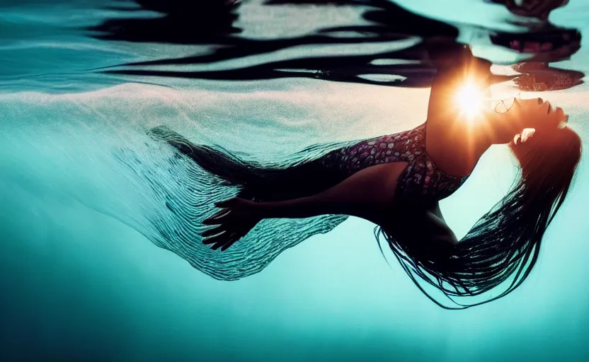 Image similar to photo portrait of woman underwater during sunrise, sunrays, flowing fabric!!, caustics, rippling water, photoshoot, flowing hair, haunting, iconic, fine-art, masterpiece, sharp focus