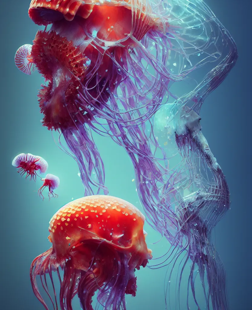 Image similar to human thorax, jellyfish phoenix head, nautilus, orchid, skull, betta fish, bioluminiscent creatures, intricate artwork by Tooth Wu and wlop and beeple. octane render, trending on artstation, greg rutkowski very coherent symmetrical artwork. cinematic, hyper realism, high detail, octane render, 8k