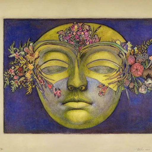 Image similar to facemask made of flowers, by annie swynnerton and jean delville and rufino tamayo and edward hopper and evelyn de morgan, art deco flower shaman, art brut, outsider art, symbolist, dramatic lighting, god rays, elaborate geometric ornament, clean crisp graphics, smooth sharp focus, extremely detailed, adolf wolfli