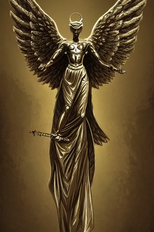 Prompt: Old angel symbol of archangel Gabriel. Symbol made out of metal. Cooper lining ,intricate, elegant, highly detailed, digital painting, artstation, concept art, smooth, sharp focus, illustration, art by Ilja Repin