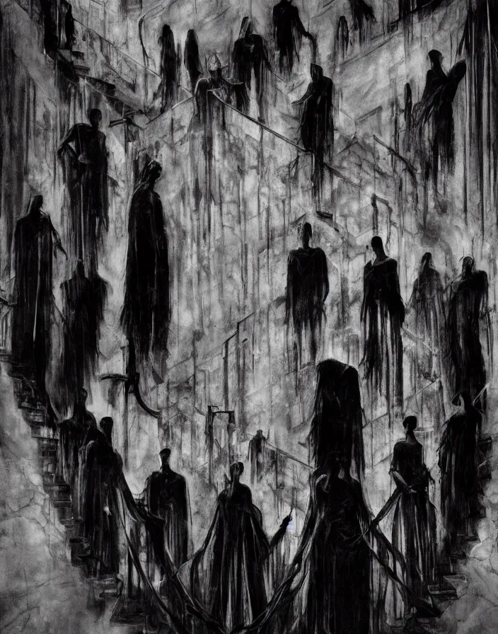 Prompt: several ritualistic figures shrouded in a long trailing dark black opaque gown and trailing blood, descending in tandem down a giant marble staircase in a dark room, photorealism, hyperrealism, harsh lighting, dramatic lighting, medium shot, serious, gloomy, foreboding, cinematic, creepy