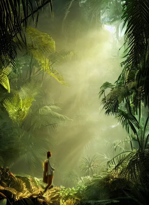 Prompt: exotic creature in a tropical forest, by ciruelo cabral, intricate, backlit, strong rim light, cover illustration, concept art, volumetric lighting, volumetric atmosphere, sharp focus, octane render, trending on artstation, 8k