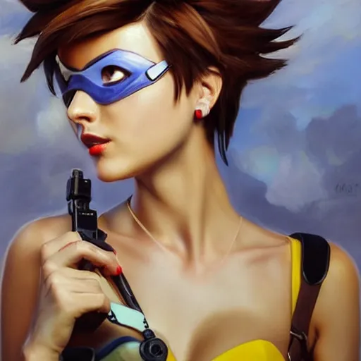 Image similar to oil painting of tracer overwatch in a field, in style of mark arian, expressive face, very detailed face, wearing black steel choker, very detailed eyes, full body, feminine face, detailed makeup on eyes,