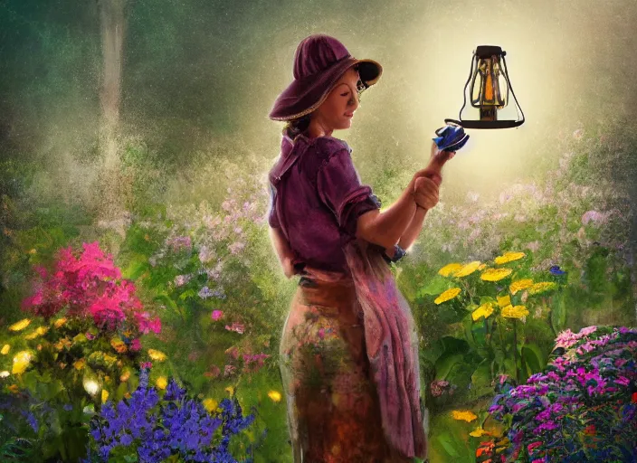 Prompt: a woman with a miner ’ s lamp on her head tending her garden at midnight, digital art, cgsociety, night like colours, garden full of flowers