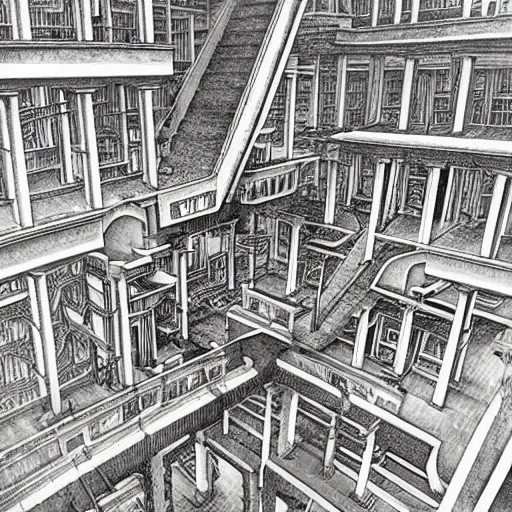 Prompt: a photocopy of a lost mc escher lithograph, extreme detailed