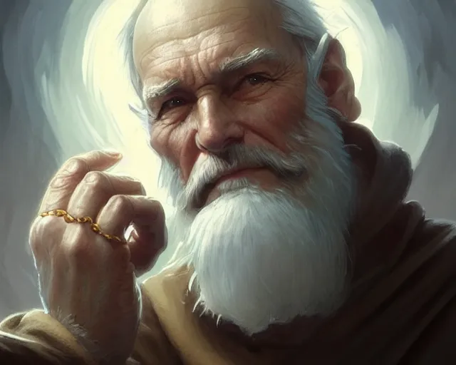 Image similar to old man wearing a ring on each finger, deep focus, d & d, fantasy, intricate, elegant, highly detailed, digital painting, artstation, concept art, matte, sharp focus, illustration, hearthstone, art by artgerm and greg rutkowski and alphonse mucha