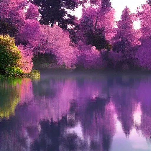 Image similar to A lake covered in purple mist. Award-winning digital art; trending on ArtStation
