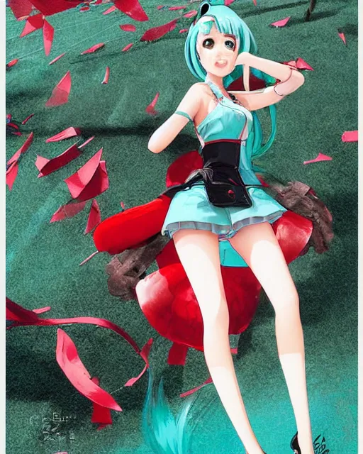 Image similar to Hatsune Miku full body pin up modeling in idol unioform, with a park in the back ground, post war style, detailed face, american postcard art style, by Krenz Cushart and Randolph Stanley Hewton and Charlie Bowater