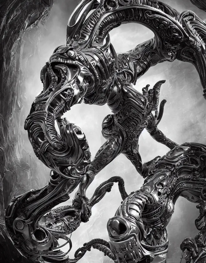 Image similar to engineer prometheus, xenomorph alien, highly detailed, symmetrical long head, smooth marble surfaces, detailed ink illustration, raiden metal gear, cinematic smooth stone, deep aesthetic, concept art, post process, 4k, carved marble texture and silk cloth, latex skin, highly ornate intricate details, prometheus, evil, moody lighting, hr geiger, hayao miyazaki, indsutrial Steampunk