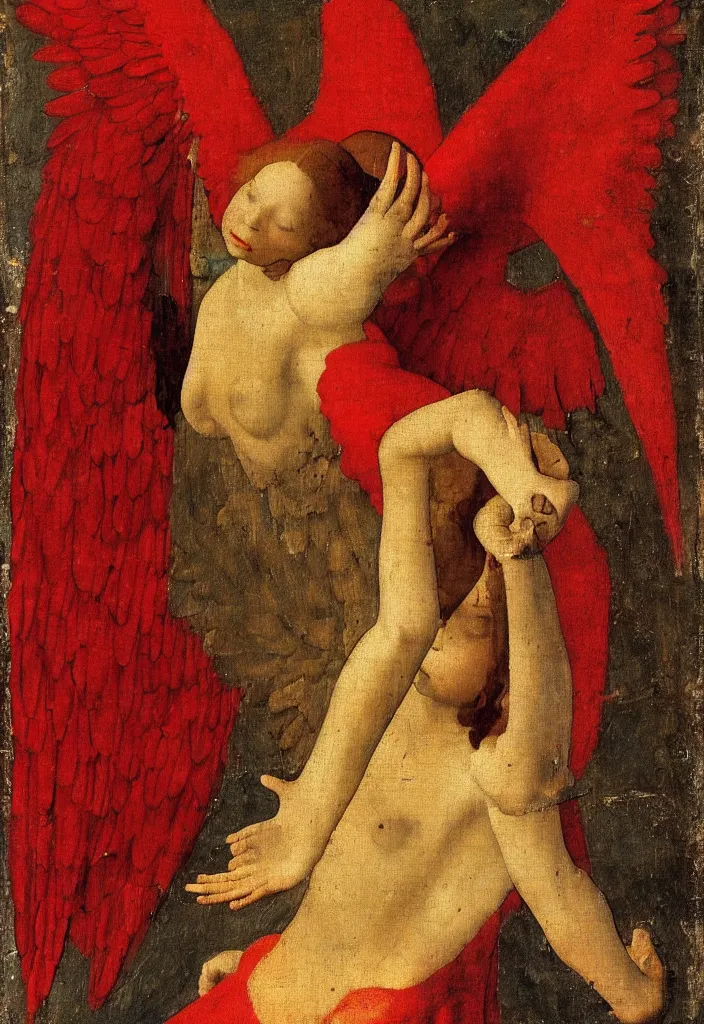 Image similar to Flying Fallen Angel with wings dressed in red, Medieval painting by Jan van Eyck, Johannes Vermeer, Florence