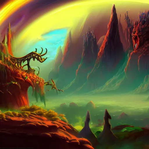 Image similar to wizard on an alien planet, don bluth splash art!!!, highly detailed, trending on artstation, 4 k, wallpaper - 1 0 2 4