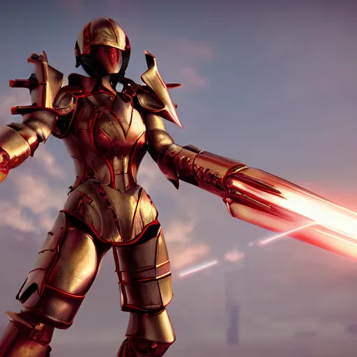 Image similar to picture of metal armored valkyrie, crimson plated, sword and shield, golden wings, divine vibes, light brown hair, white skin, shiny golden eyes, sky background, sharp focus, highly detailed, cinematic lighting, studio quality, smooth render, unreal engine 5 rendered, octane, rendered