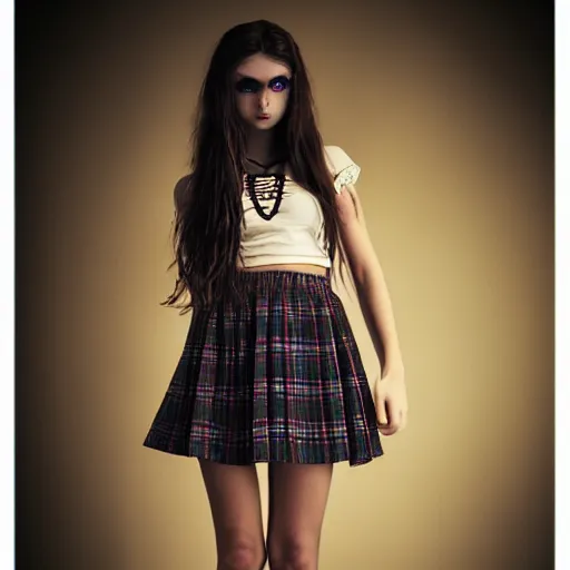 Image similar to gothic teen girl in plaid mini skirt and crop top, beautiful face, intricate, extremely detailed, modeling photography, 8 0 mm camera, dramatic lighting, dark room