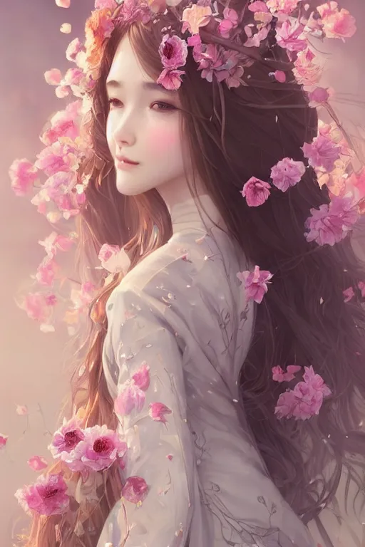 Image similar to romantic and fashion and love princess of the flower with sheath dress, 8 k realistic, teenager girl, baroque, symmetrical, flowing hair, smile, trending pinterest and pixiv, muted colors, hyperrealistic, l close up shot, character concept art, face by kyoung hwan kim, alexandra fomina, ilya kuvshinov